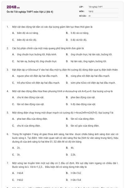 Ôn thi Tốt nghiệp THPT môn Vật Lí (Đề 4)