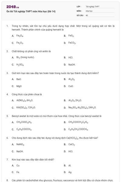 Ôn thi Tốt nghiệp THPT môn Hóa học (Đề 14)