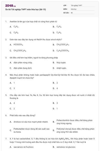 Ôn thi Tốt nghiệp THPT môn Hóa học (Đề 15)