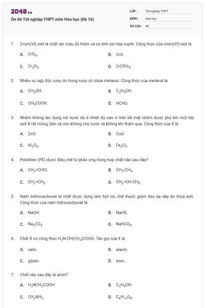 Ôn thi Tốt nghiệp THPT môn Hóa học (Đề 16)