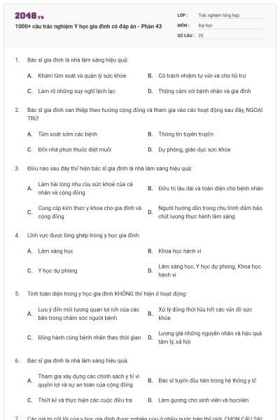 1000+ câu trắc nghiệm Y học gia đình có đáp án - Phần 43