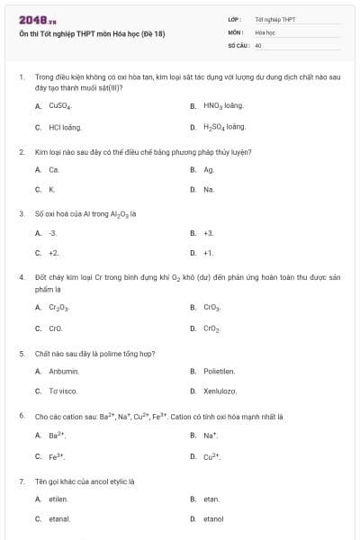Ôn thi Tốt nghiệp THPT môn Hóa học (Đề 18)