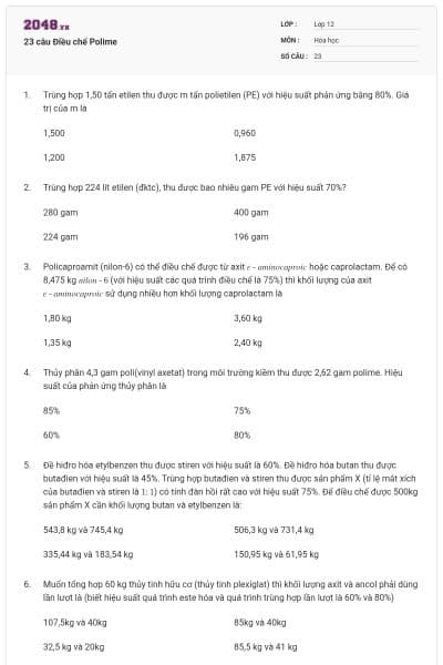 23 câu Điều chế Polime