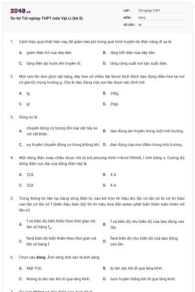 Ôn thi Tốt nghiệp THPT môn Vật Lí (Đề 8)