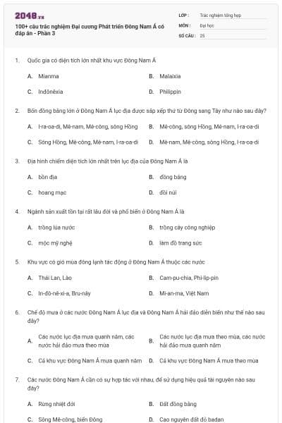 100+ câu trắc nghiệm Đại cương Phát triển Đông Nam Á có đáp án - Phần 3
