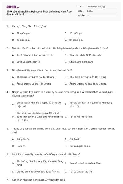 100+ câu trắc nghiệm Đại cương Phát triển Đông Nam Á có đáp án - Phần 4