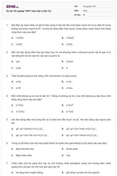 Ôn thi Tốt nghiệp THPT môn Vật Lí (Đề 10)
