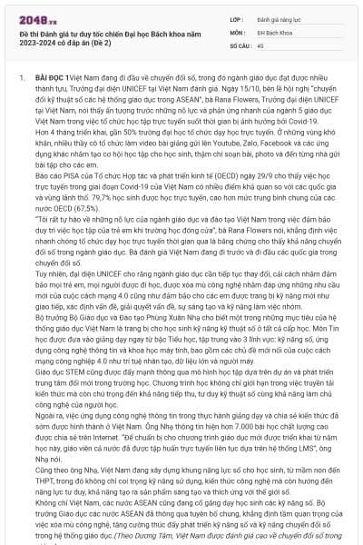 Đề thi Đánh giá tư duy tốc chiến Đại học Bách khoa năm 2023-2024 có đáp án (Đề 2)