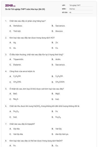 Ôn thi Tốt nghiệp THPT môn Hóa học (Đề 20)