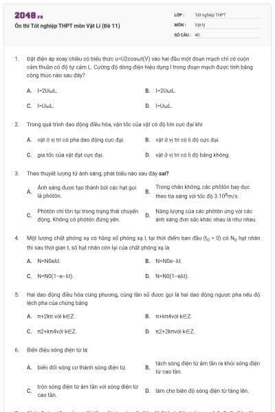 Ôn thi Tốt nghiệp THPT môn Vật Lí (Đề 11)