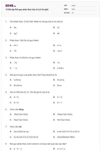 10 Bài tập Rút gọn phân thức đại số (có lời giải)