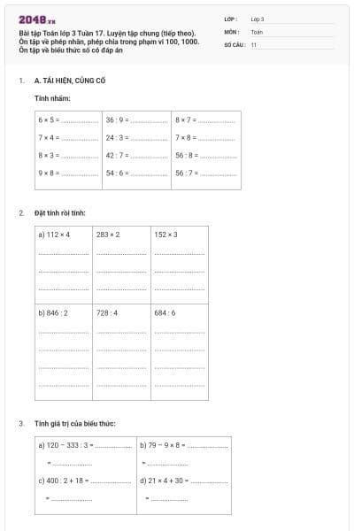 Bài tập Toán lớp 3 Tuần 17. Luyện tập chung (tiếp theo). Ôn tập về phép nhân, phép chia trong phạm vi 100, 1000. Ôn tập về biểu thức số có đáp án