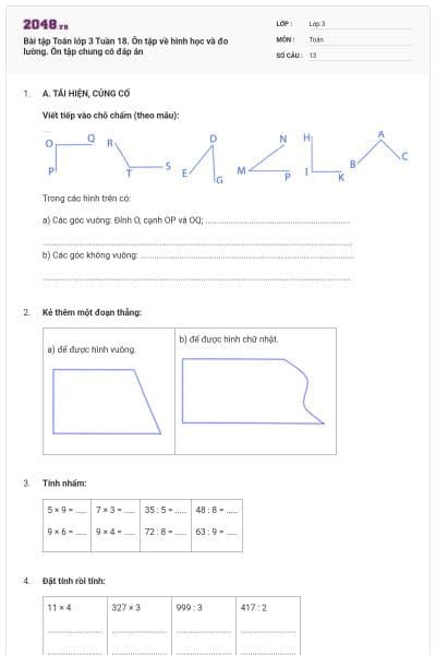 Bài tập Toán lớp 3 Tuần 18. Ôn tập về hình học và đo lường. Ôn tập chung có đáp án