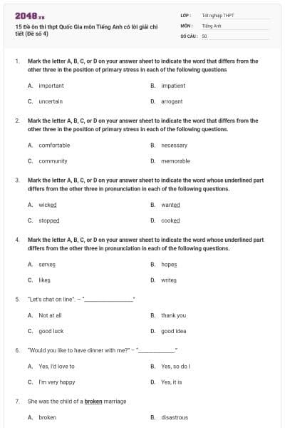 15 Đề ôn thi thpt Quốc Gia môn Tiếng Anh có lời giải chi tiết (Đề số 4)