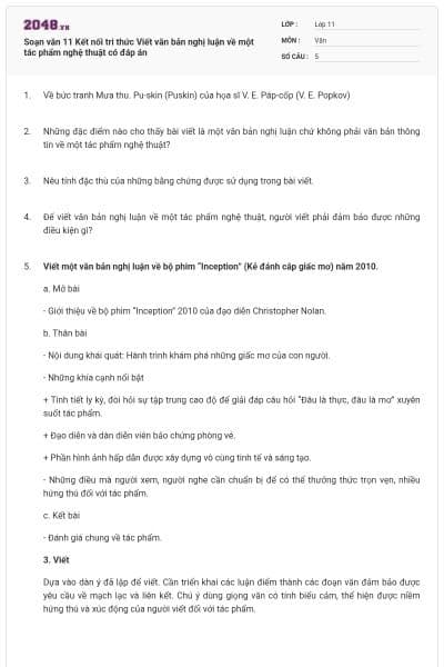 Soạn văn 11 Kết nối tri thức Viết văn bản nghị luận về một tác phẩm nghệ thuật có đáp án