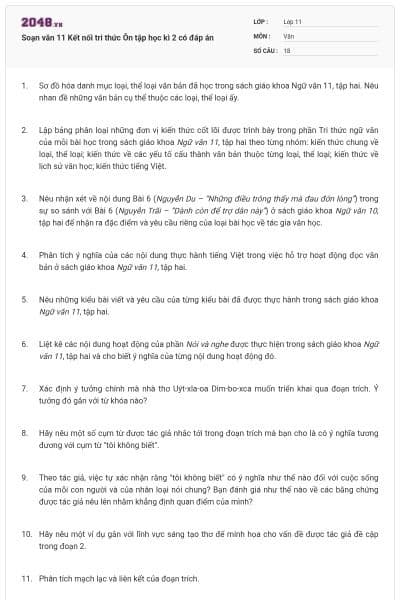Soạn văn 11 Kết nối tri thức Ôn tập học kì 2 có đáp án