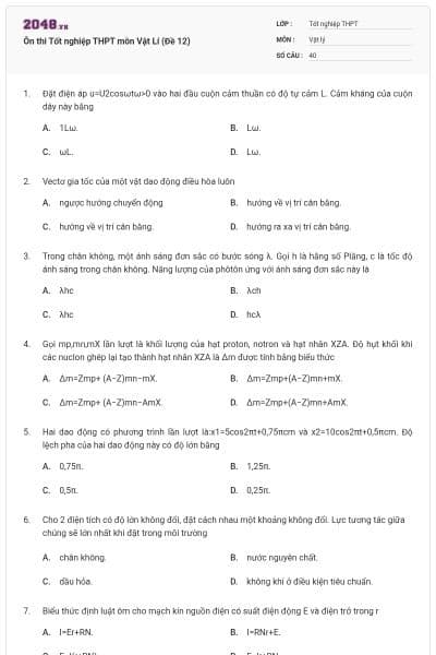 Ôn thi Tốt nghiệp THPT môn Vật Lí (Đề 12)