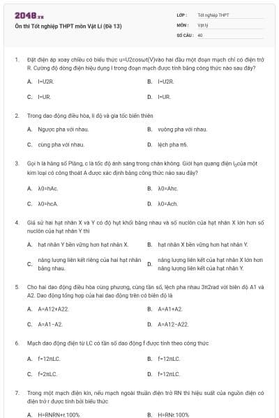 Ôn thi Tốt nghiệp THPT môn Vật Lí (Đề 13)