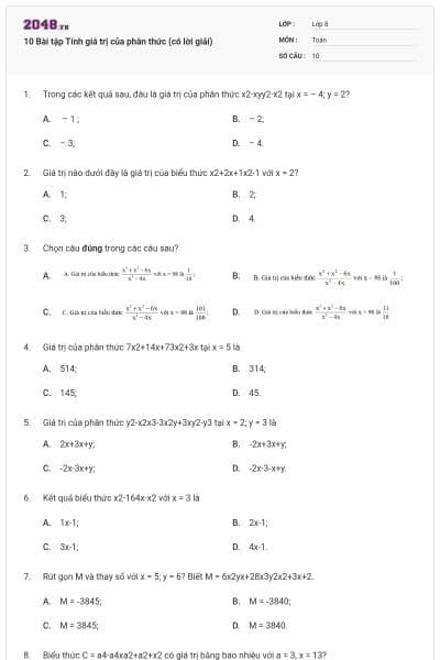 10 Bài tập Tính giá trị của phân thức (có lời giải)