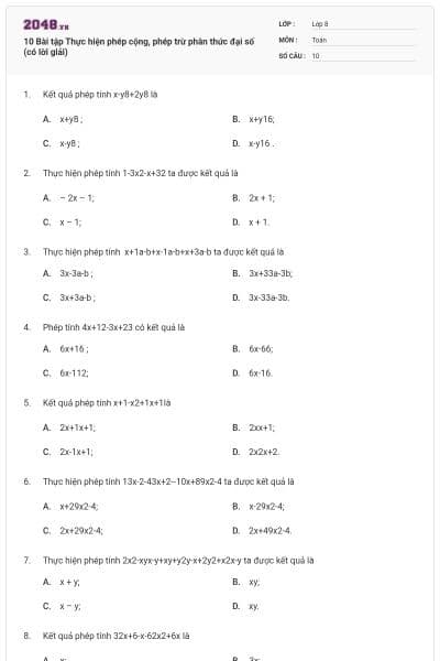 10 Bài tập Thực hiện phép cộng, phép trừ phân thức đại số (có lời giải)