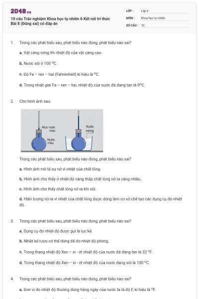 10 câu Trắc nghiệm Khoa học tự nhiên 6 Kết nối tri thức Bài 8 (Đúng sai) có đáp án