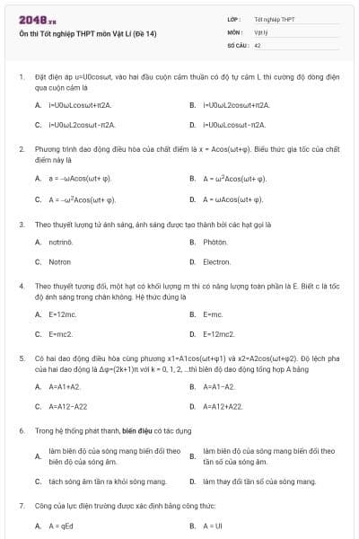 Ôn thi Tốt nghiệp THPT môn Vật Lí (Đề 14)