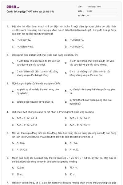 Ôn thi Tốt nghiệp THPT môn Vật Lí (Đề 15)