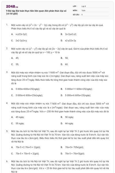 9 Bài tập Bài toán thực tiễn liên quan đến phân thức đại số (có lời giải)