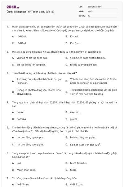 Ôn thi Tốt nghiệp THPT môn Vật Lí (Đề 16)