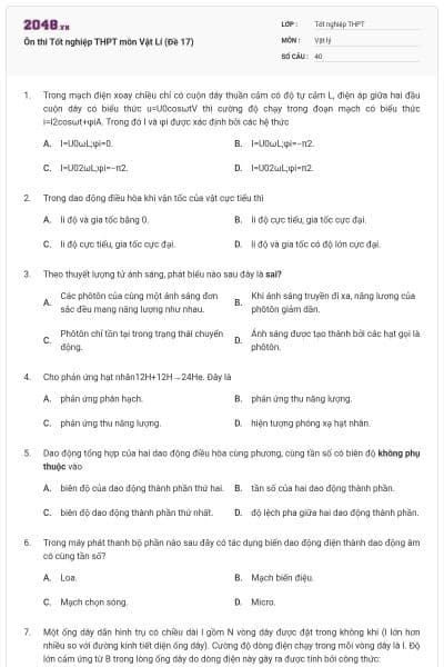 Ôn thi Tốt nghiệp THPT môn Vật Lí (Đề 17)