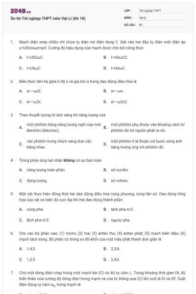 Ôn thi Tốt nghiệp THPT môn Vật Lí (Đề 18)