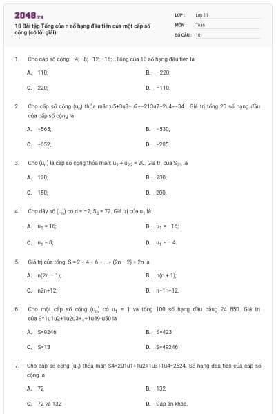 10 Bài tập Tổng của n số hạng đầu tiên của một cấp số cộng (có lời giải)