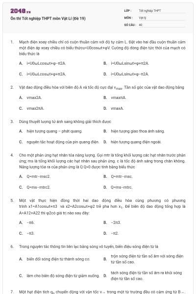 Ôn thi Tốt nghiệp THPT môn Vật Lí (Đề 19)