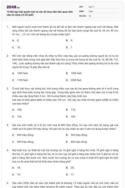 10 Bài tập Giải quyết một số vấn đề thực tiễn liên quan đến cấp số cộng (có lời giải)