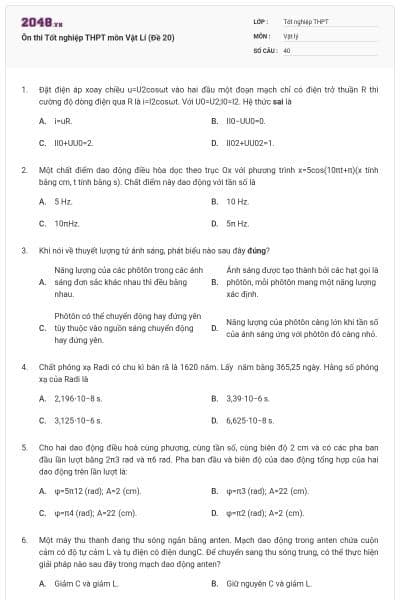 Ôn thi Tốt nghiệp THPT môn Vật Lí (Đề 20)