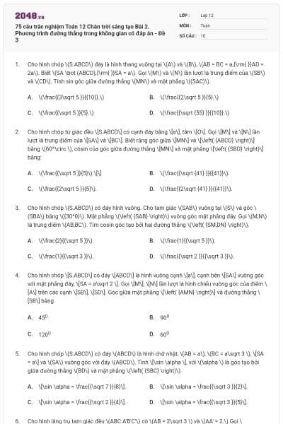 75 câu trắc nghiệm Toán 12 Chân trời sáng tạo Bài 2. Phương trình đường thẳng trong không gian có đáp án - Đề 3