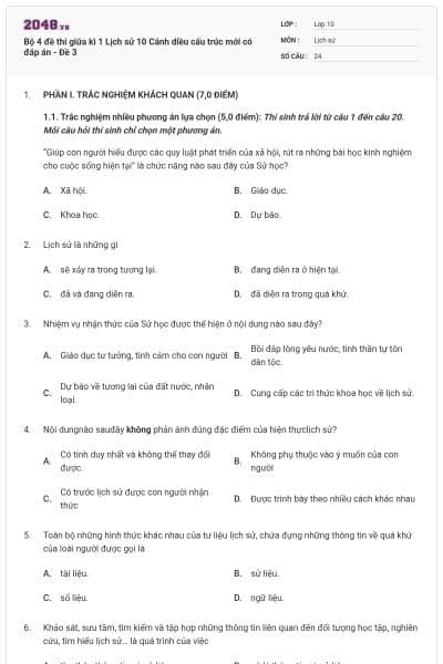 Bộ 4 đề thi giữa kì 1 Lịch sử 10 Cánh diều cấu trúc mới có đáp án - Đề 3