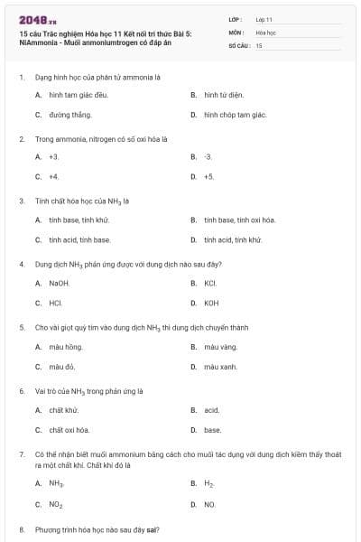 15 câu Trắc nghiệm Hóa học 11 Kết nối tri thức Bài 5: NiAmmonia - Muối anmoniumtrogen có đáp án