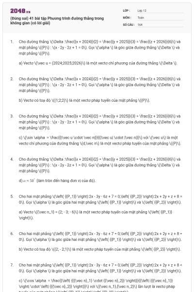 (Đúng sai) 41 bài tập Phương trình đường thẳng trong không gian (có lời giải)