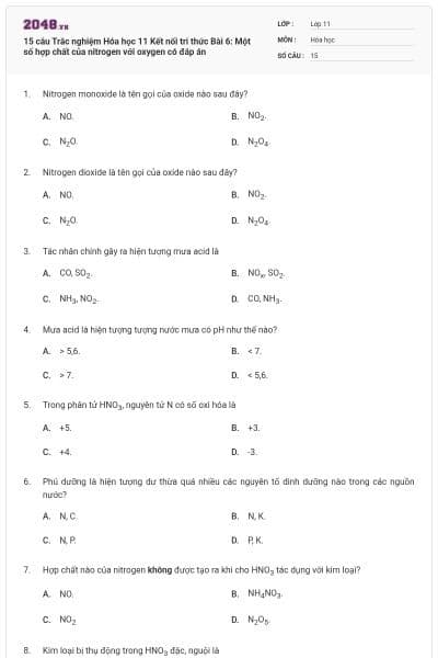 15 câu Trắc nghiệm Hóa học 11 Kết nối tri thức Bài 6: Một số hợp chất của nitrogen với oxygen có đáp án