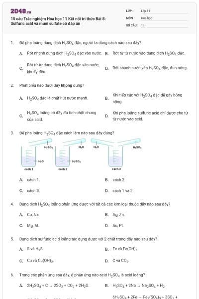 15 câu Trắc nghiệm Hóa học 11 Kết nối tri thức Bài 8: Sulfuric acid và muối sulfate có đáp án