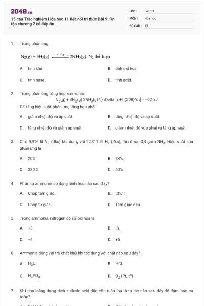 15 câu Trắc nghiệm Hóa học 11 Kết nối tri thức Bài 9: Ôn tập chương 2 có đáp án