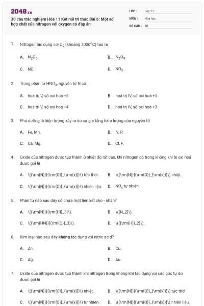 30 câu trắc nghiệm Hóa 11 Kết nối tri thức Bài 6: Một số hợp chất của nitrogen với oxygen có đáp án