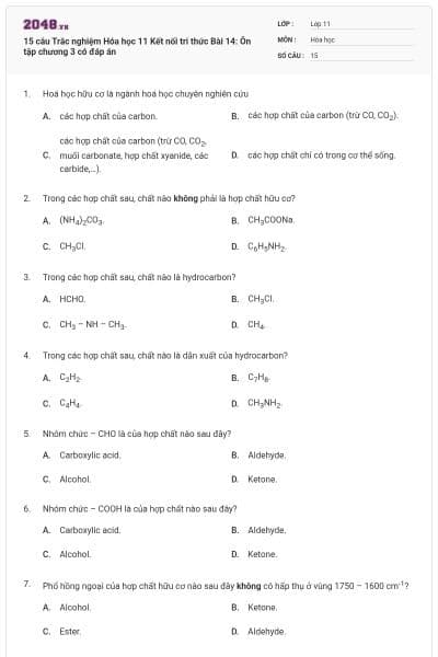 15 câu Trắc nghiệm Hóa học 11 Kết nối tri thức Bài 14: Ôn tập chương 3 có đáp án