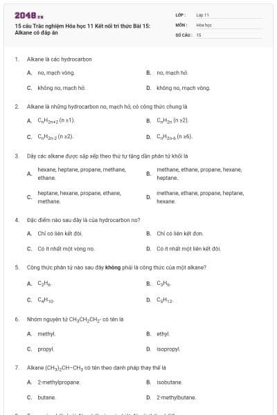 15 câu Trắc nghiệm Hóa học 11 Kết nối tri thức Bài 15: Alkane có đáp án
