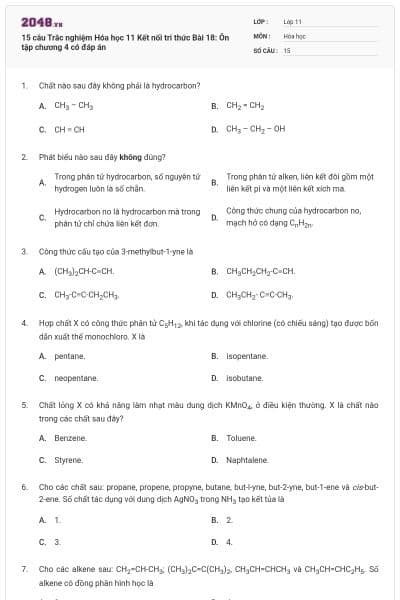 15 câu Trắc nghiệm Hóa học 11 Kết nối tri thức Bài 18: Ôn tập chương 4 có đáp án