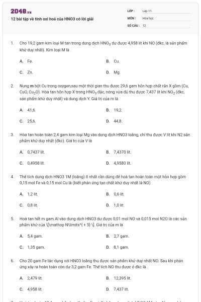 12 bài tập về tính oxi hoá của HNO3 có lời giải