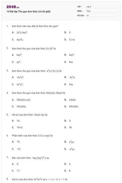 10 Bài tập Thu gọn đơn thức (có lời giải)