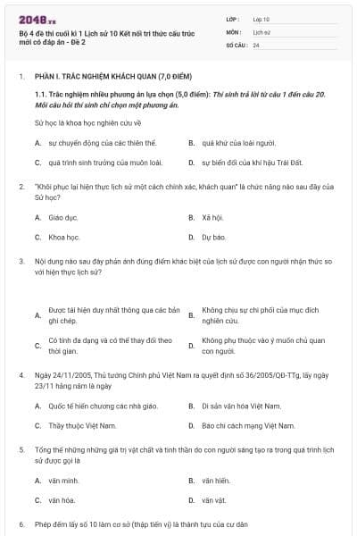 Bộ 4 đề thi cuối kì 1 Lịch sử 10 Kết nối tri thức cấu trúc mới có đáp án - Đề 2