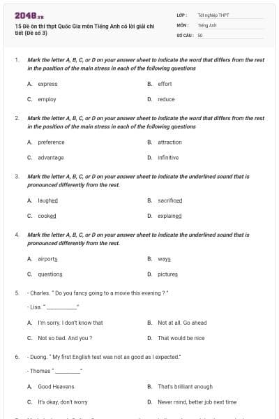 15 Đề ôn thi thpt Quốc Gia môn Tiếng Anh có lời giải chi tiết (Đề số 3)